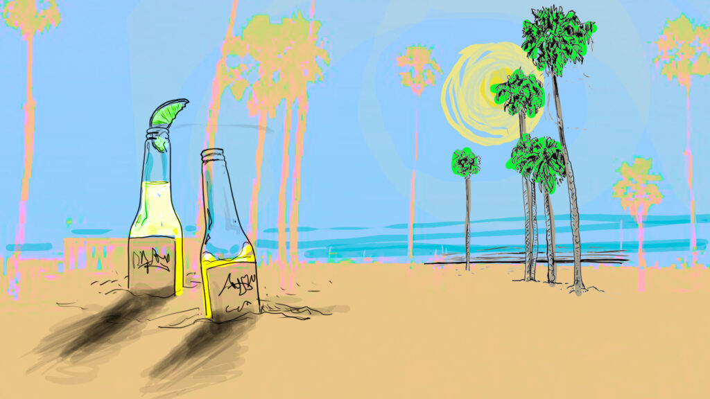 illustration of two beer bottles buried in the sand with the sun and palm trees in the background