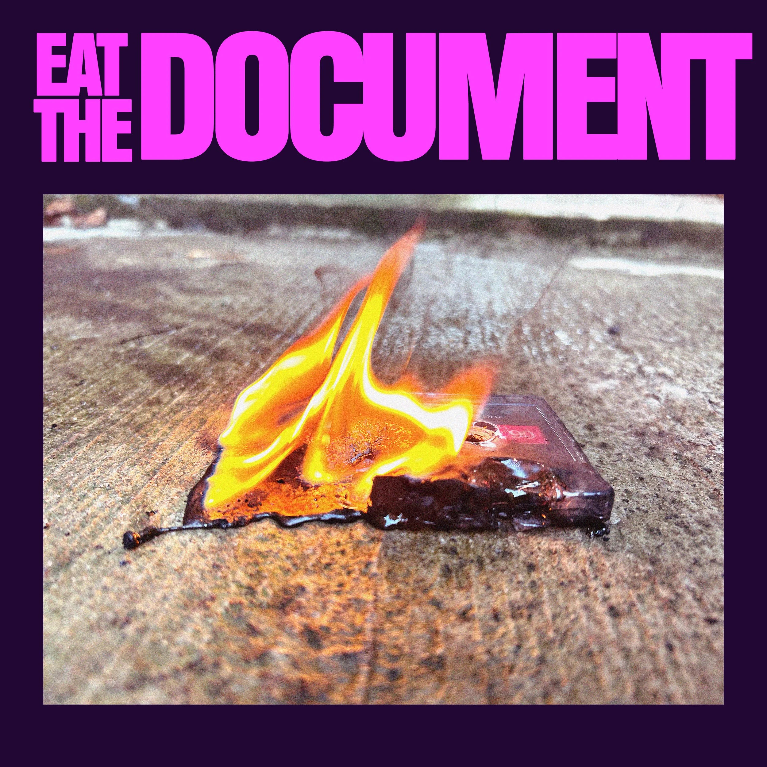 image of a melting cassette tape on fire with the hot pink words Eat